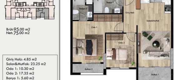 شقة 2+1 في Mersin, Turkey رقم 32291 19