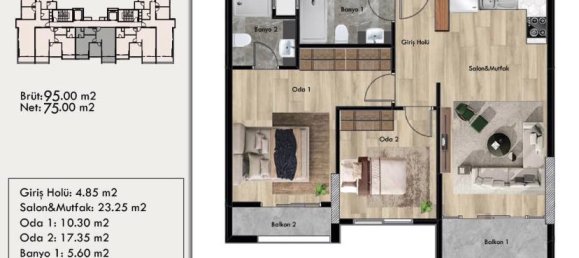 شقة 2+1 في Mersin, Turkey رقم 32291 17