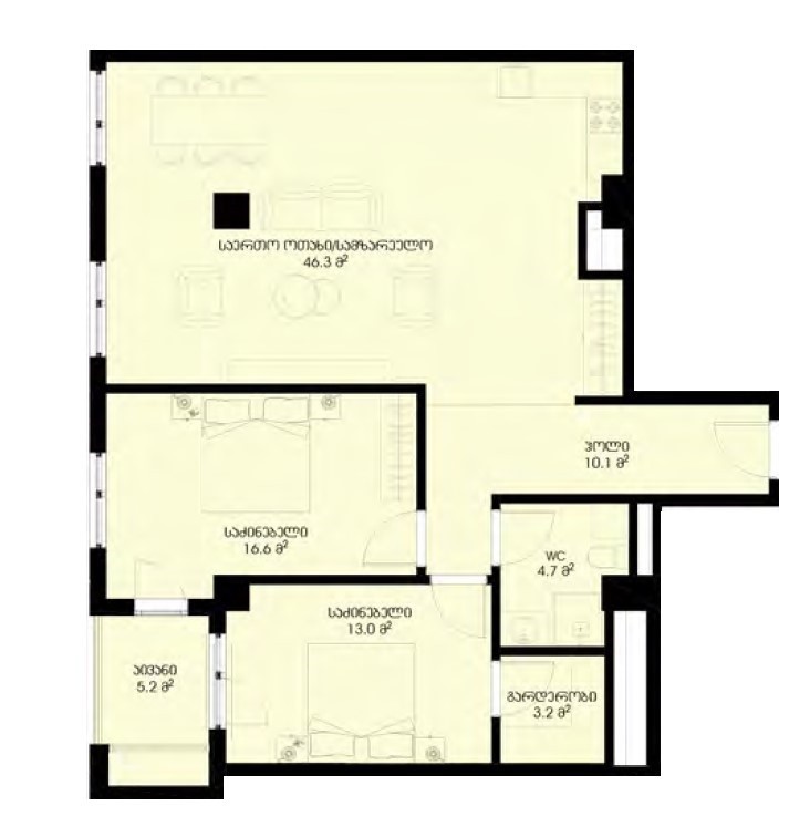 Квартира с 2 спальнями в Тбилиси, Грузия № 1303