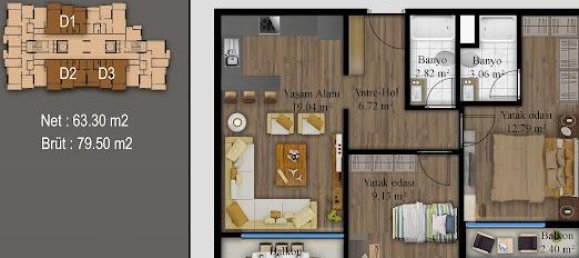 3 rooms Apartment in Mersin, Turkey No. 30040 14