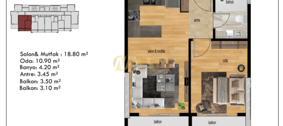 Wohnung 1+1 in Mersin, Turkey, Nr. 31050 12