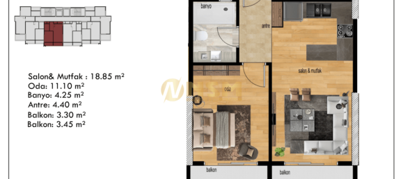 Wohnung 1+1 in Mersin, Turkey, Nr. 31050 13