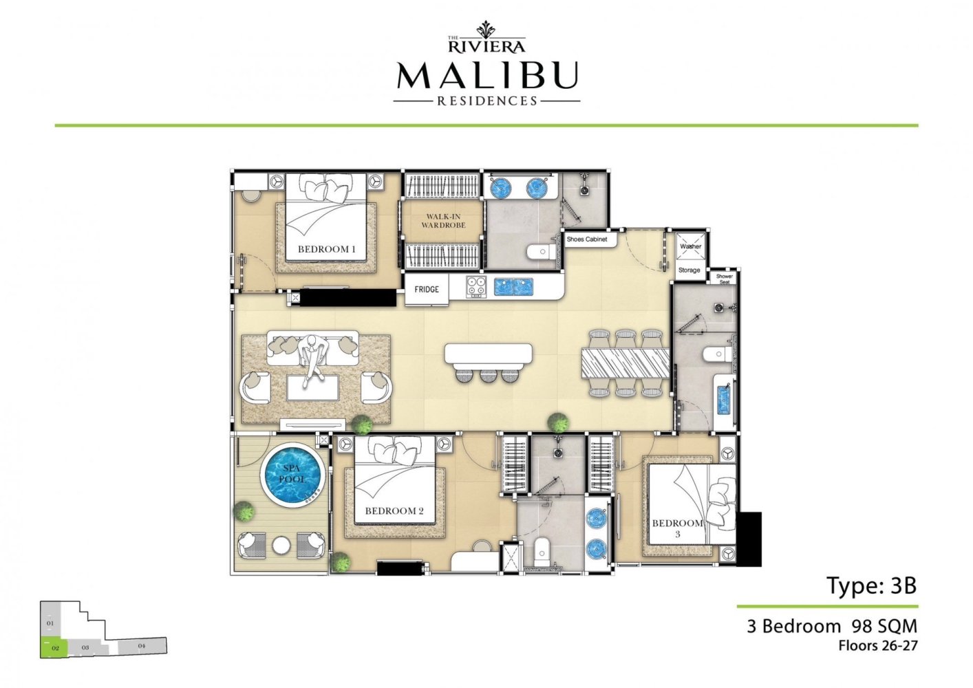 3 Schlafzimmer Eigentumswohnung in The Riviera Malibu Pattaya, Thailand, Nr. 32982